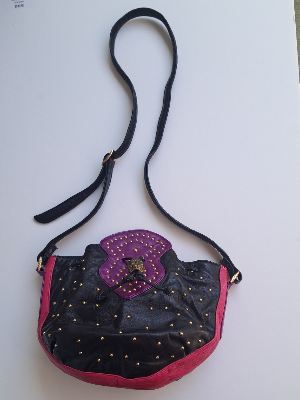 Black Shoulder Bag with Purple Accent and Pink Trim